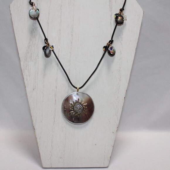 Mother of Pearl Blister Pearl with Sun Center and Leather Cord with Crystals - Picture 2 of 11